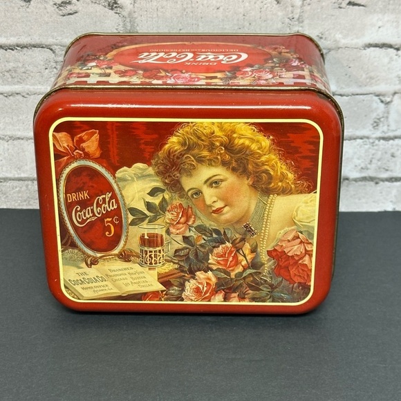 Coca-Cola Coke Vintage 6 in. Square Tin Decor Woman Floral Logo - Picture 1 of 13